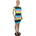 Wholesale cheap 2021 women new style rainbow printed high quality short sleeve fashion sexy elegant casual slim t shirt dress